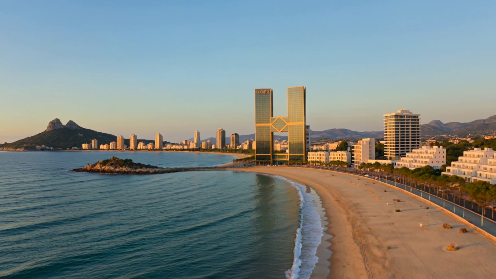 Filmische visualisatie van de skyline van Benidorm